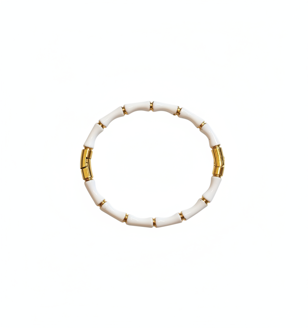 Elegant White Bamboo Bangle Bracelet for Young Teen Girls Gold Tone Accents - MVNFBRGD184