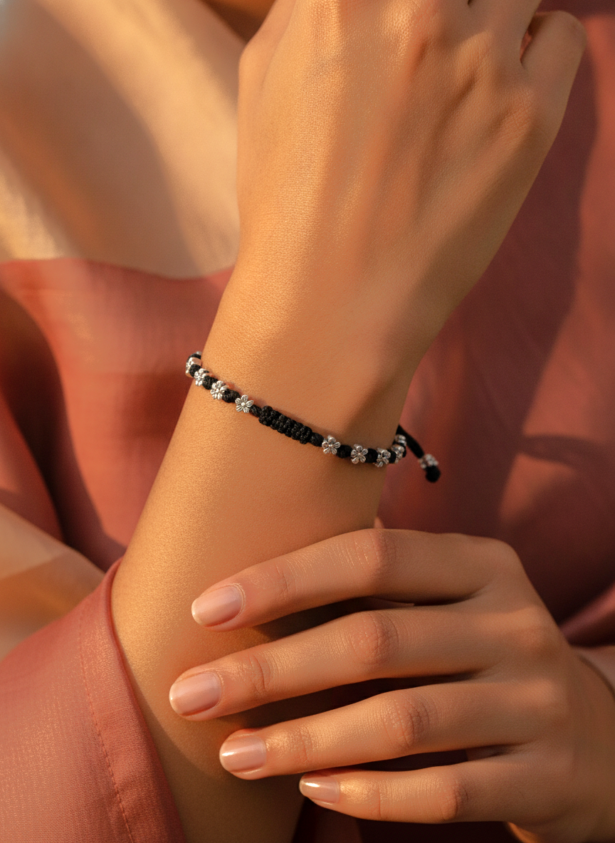 Black Thread Floral Bracelet with Silver Oxidised Beads for Women and Girls - MVJPBRSR203