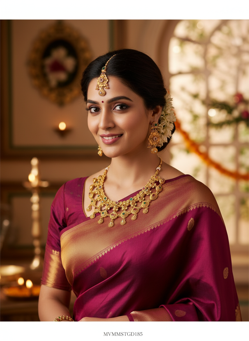Ethnic Gold Plated Matte Necklace Set with Earrings and Maang Tikka for Women - MVMMSTGD185