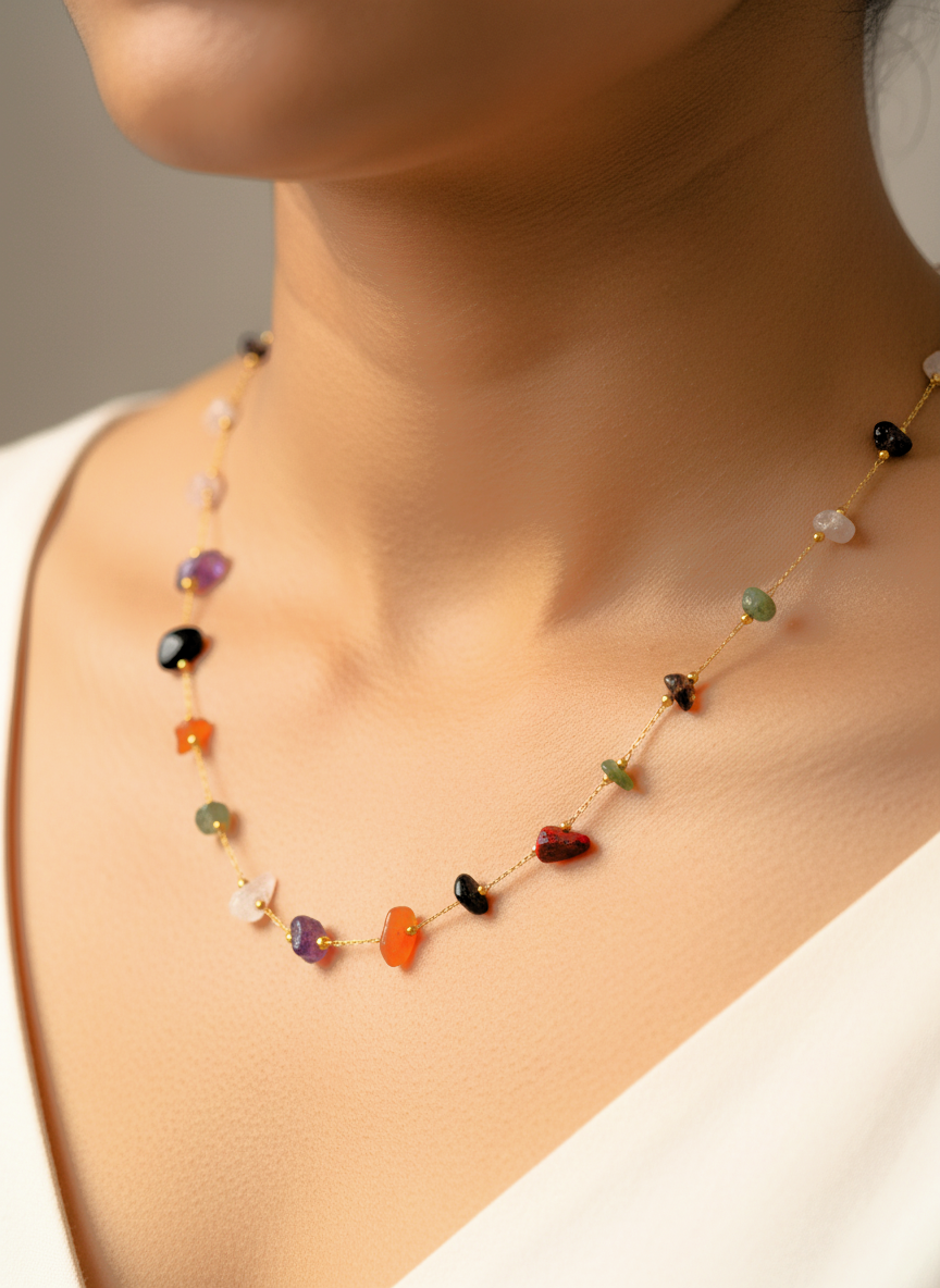 Multi Color Natural Stone Gold Plated Necklace for Women and Girls - MVANNKGD157
