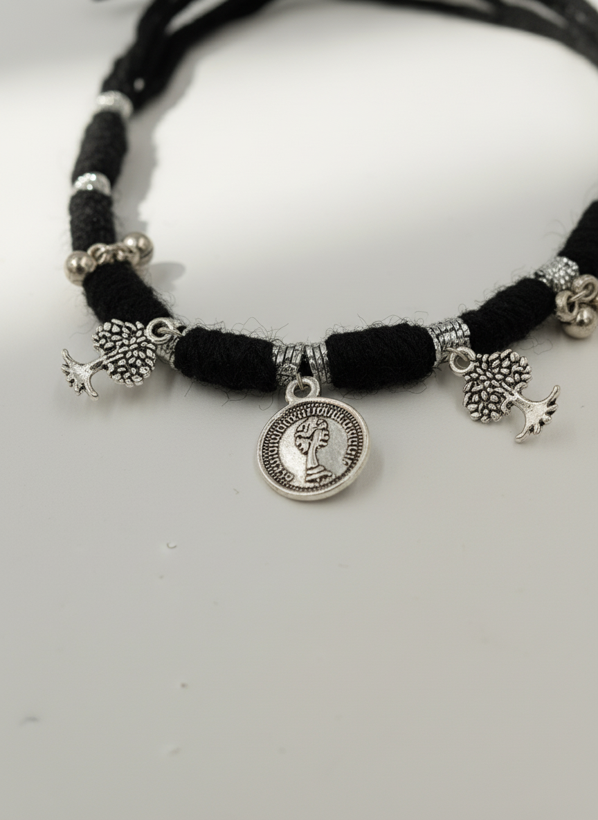 Silver Oxidised Black Thread Ring Bracelet for Women Boho Tribal Hathphool - MVDRBRGD172