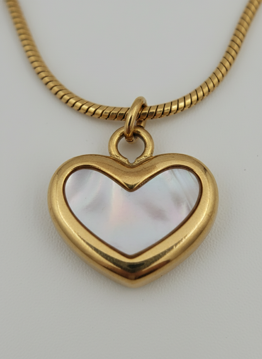 Elegant Gold Plated Heart Pendant Necklace for Women - Shimmering Mother of Pearl Style Inlay on Sleek Snake Chain - Hypoallergenic Jewelry Gift for Her - MVHSNKGD31