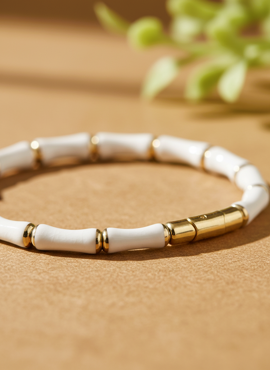 Elegant White and Gold Bamboo Design Bracelet for Women - Stylish Hand Accessory - MVHSBRGD143