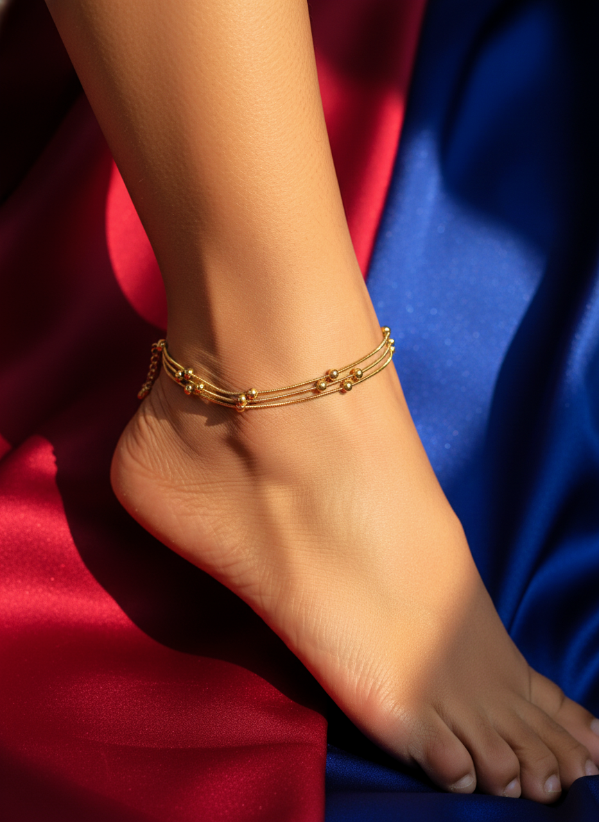 MVK Gold Plated Triple Layer Snake Chain Anklet with Beads for Women and Girls - MVKMAKGD170