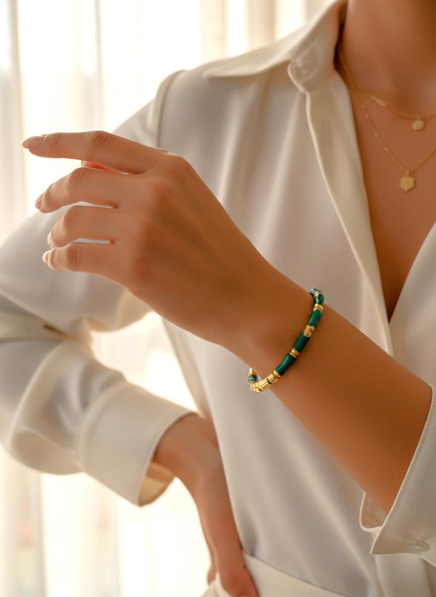 Elegant Green Bamboo Bangle Bracelet – Gold-Tone Plated Enamel Segmented Cuff – Nature-Inspired Modern Jewelry for Women – Traditional Designer Style Statement Piece (SKU: MVHSBRGD142) - MVHSBRGD142