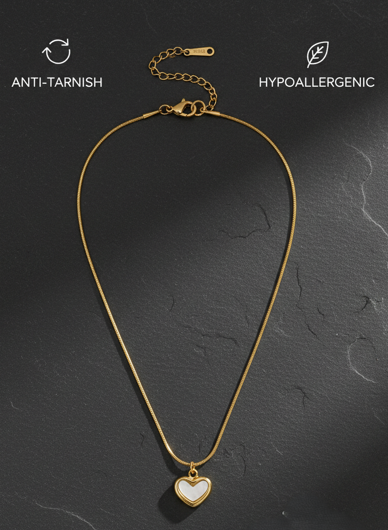 Elegant Gold Plated Heart Pendant Necklace for Women - Shimmering Mother of Pearl Style Inlay on Sleek Snake Chain - Hypoallergenic Jewelry Gift for Her - MVHSNKGD31