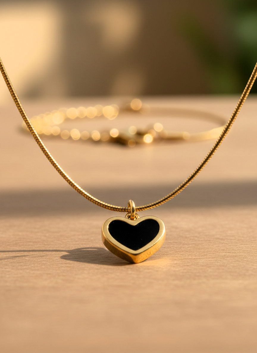 Elegant Black Heart Pendant Necklace for Women - Gold Color Plated Stainless Steel Snake Chain Jewelry - Minimalist Dainty Gift for Her - MVHSNKGD30
