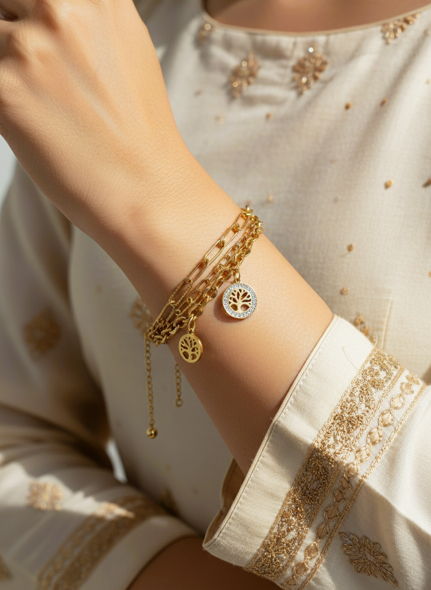 Gold Plated Tree of Life Triple Layered Charm Bracelet for Women and Girls - MVNFBRGD175